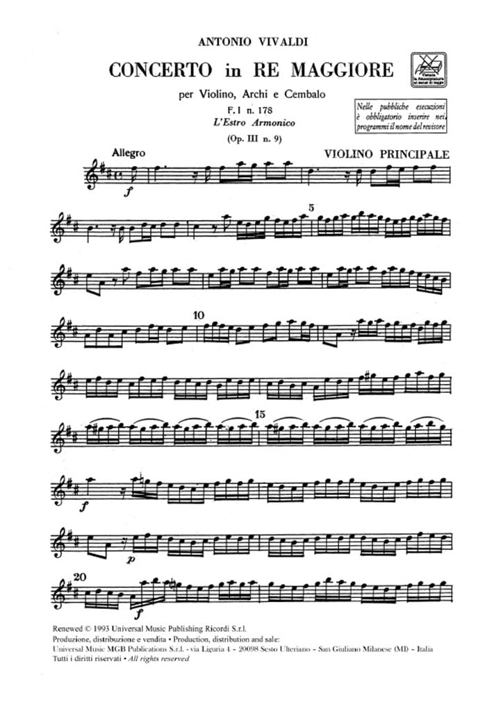 Concerti Per Vl., Archi E B.C.: In Re Op.Iii N.9